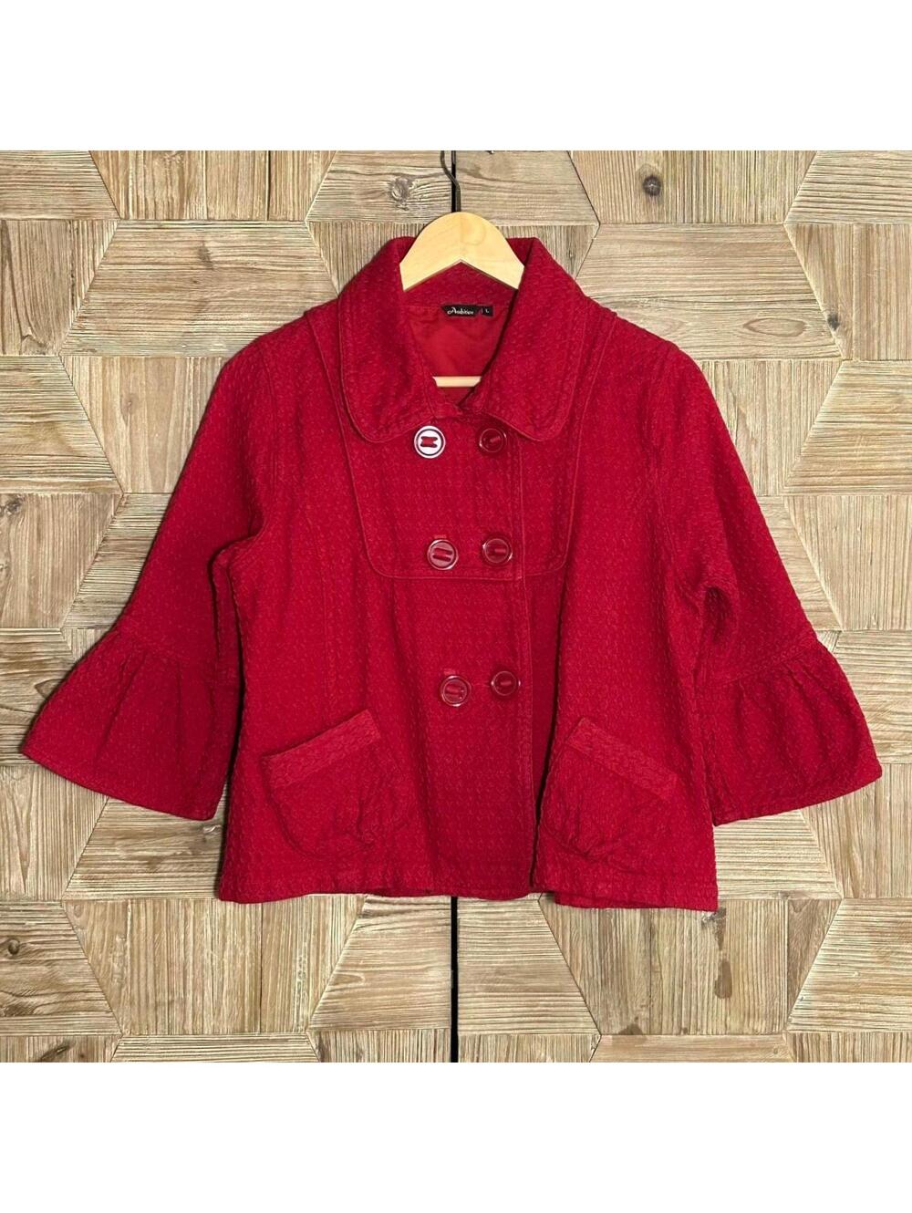 Ambition Red Textured Button-Up Jacket Women's Large 3/4 Bell Sleeve Twee Retro